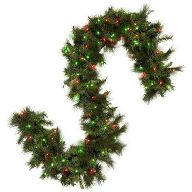 Green garland with lights for holiday light installation in Omaha.