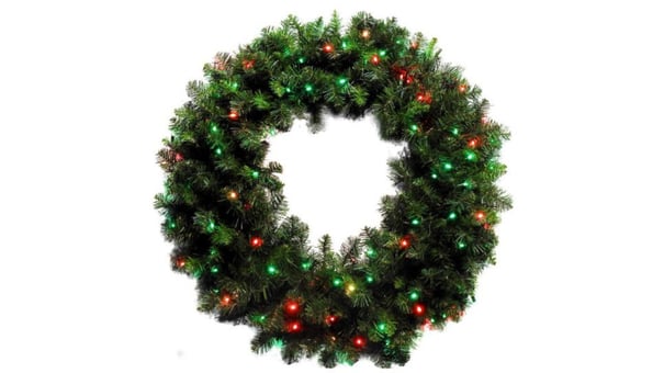 Outdoor wreath with lights for Christmas.