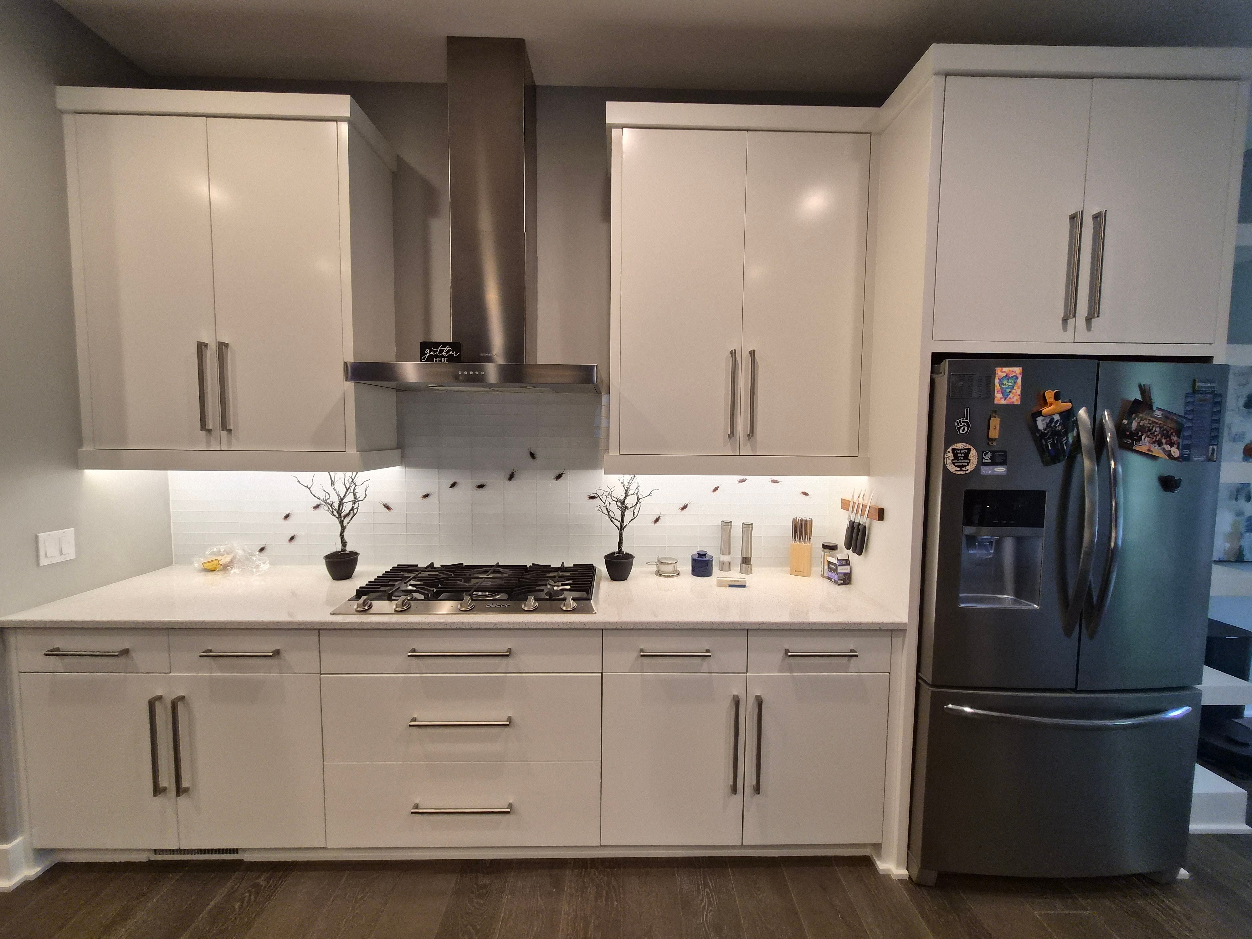 Cabinets painted white along a wall with long silver handles in a kitchen in Bellevue, NE.