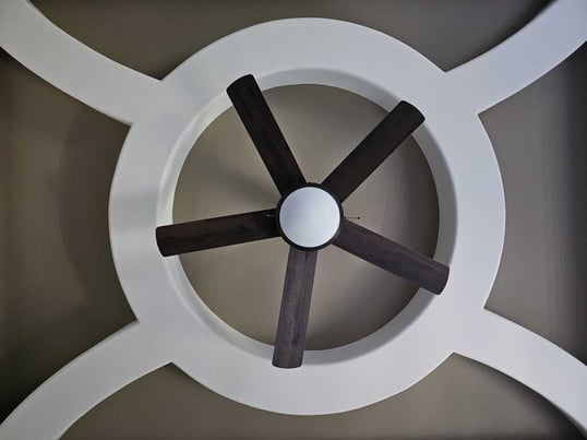 Ceiling painted a deep greyish brown color with beams painted white and a ceiling fan in the center.