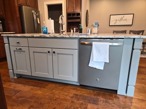 Kitchen island painted a beige color.