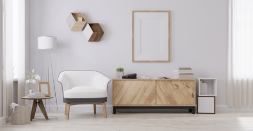 Living room with light grey painted walls and wooden furniture with white and wood accents.