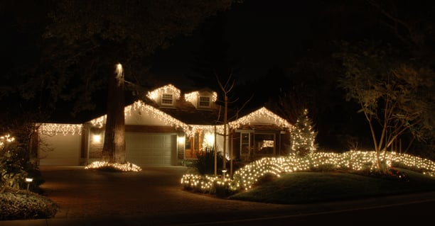 Icicle lights along the roofline of a house and net lights on bushes in front of a home, professionally installed christmas lights in Omaha, NE.
