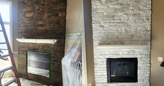 Before and after of a brown brick fireplace painted white.