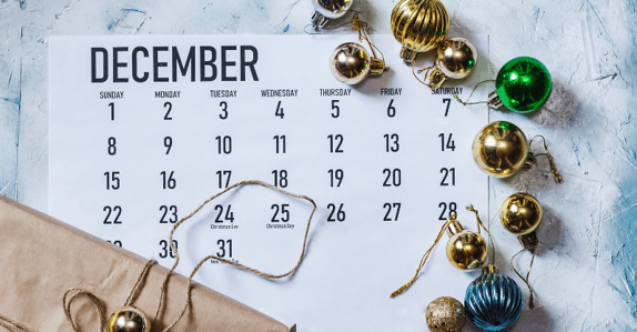 December 2024 calendar with ornaments