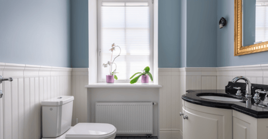 Top half of bathroom wall painted light blue bottom half with molding painted white.