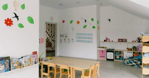 Kids playroom with magnetic paint with things on the walls.