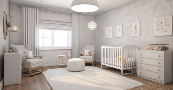 Light, grey inspired nursery with wallpaper and interior painted walls.