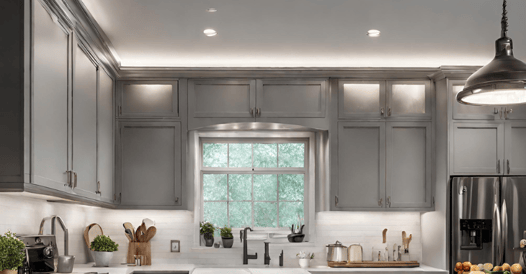 Bright kitchen with gray cabinets and lighting under and above the upper cabinets.
