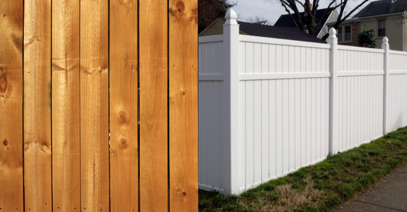 2 images side by side showing a stained wood fence and a white composite fence.
