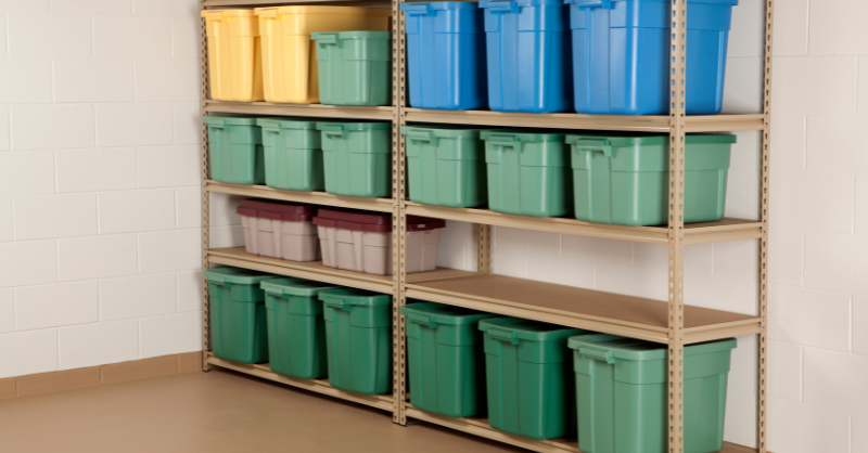 Tote bins for storage with professionally installed christmas lights ready for next year.