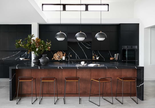 Black painted kitchen walls and cabinets with dark accents.