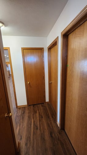 Interior hallway with warm wood doors and trim and dark hardwood floors.