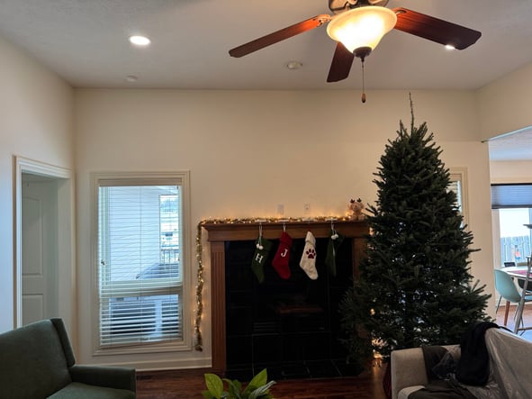 Living room interior walls painted White Chocolate OC 127 by Benjamin Moore.