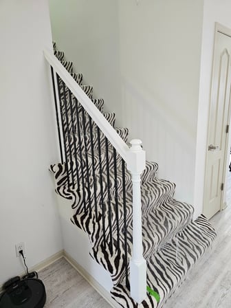 Staircase railing painted white with black rods and zebra carpet on the stairs.