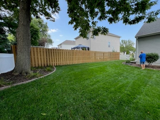 After results of a fence being stained a warm light brown tanish color.