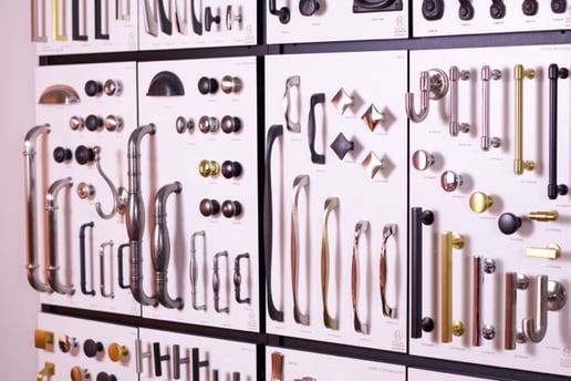 Samples of cabinet hardware, knobs and handles.