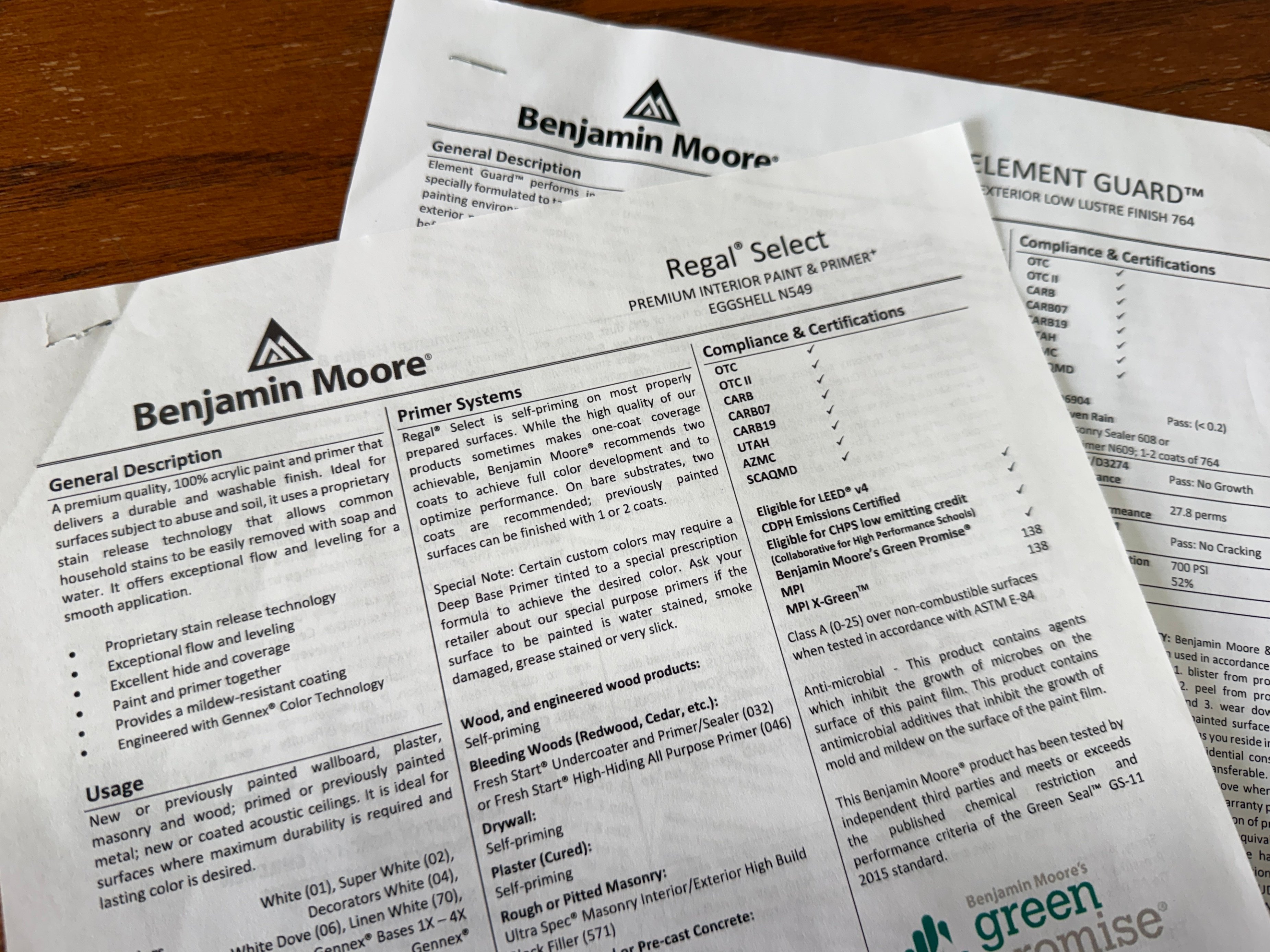 Benjamin Moore technical data sheets for Regal select and Element guard exterior paint.