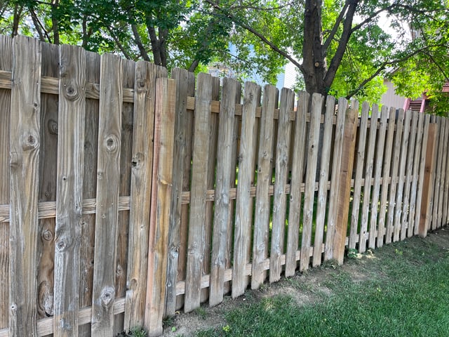 Worn out looking shadowbox fence before fence staining.