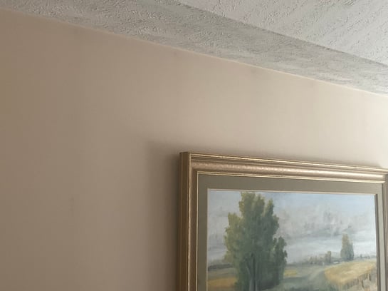 Shadowed lines following the studs on the interior wall paint inside a living room in Omaha, NE.