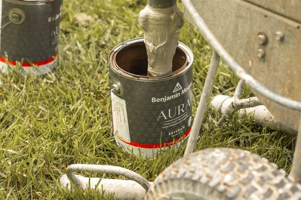 Benjamin Moore's Aura exterior paint being pumped into a paint sprayer outside in the grass.