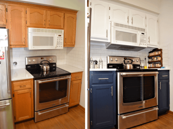 Before and after of kitchen cabinets around a stove being painted from golden oak to white and dark blue navy on the bottom.
