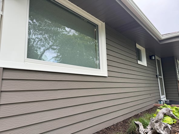 Textured siding painted dark brown with white window trim.