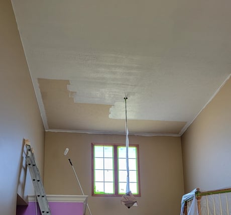 Entryway ceiling being painted white with a extended paint roller.