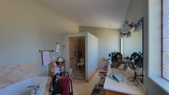 Large bathroom with sage green walls and a white painted ceiling.