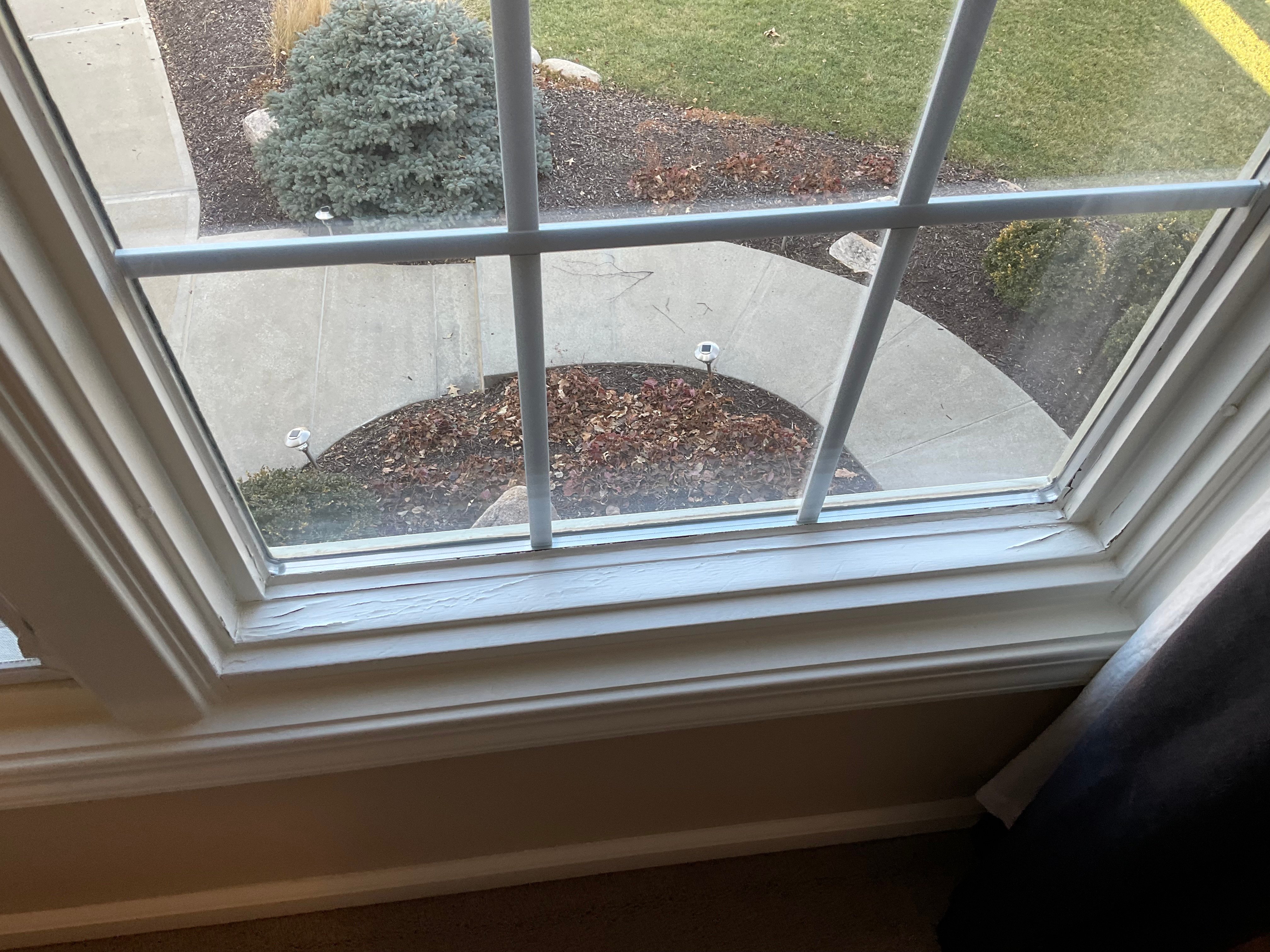 Interior window trim with cracking white paint on the bottom.