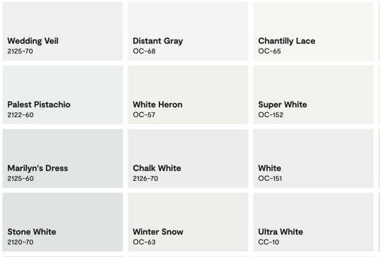 Benjamin Moore shades of white and grey paint.