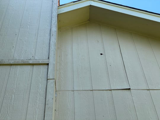 Sage green exterior of home with woodpecker holes on siding a cracks in between boards