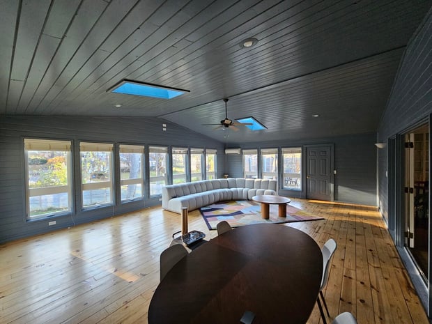 Everything painted one dark blue color inside of a sunroom in Omaha, NE.
