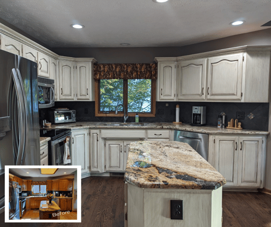 Kitchen with glazed white cabinets and image of before refinishing with golden oak.