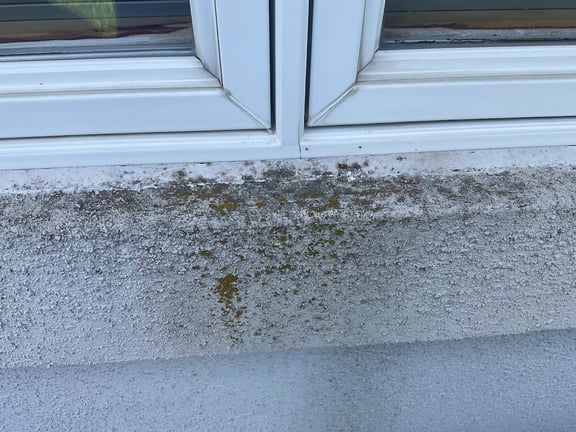 Dirty and chipping EIFS paint on a window frame on a house.