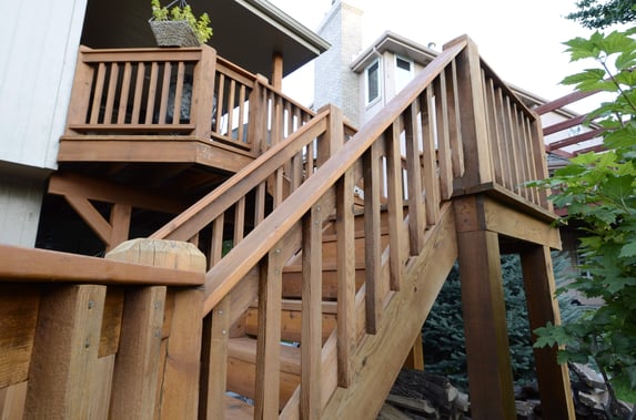 Staircase of a deck before it is stained.
