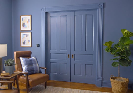 Blue living room with doors walls and trim painted the same shade.