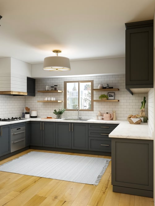 Modern farmhouse kitchen with gray walls