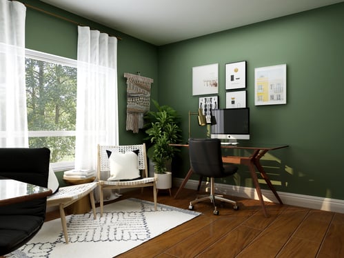 Home office with dark green walls