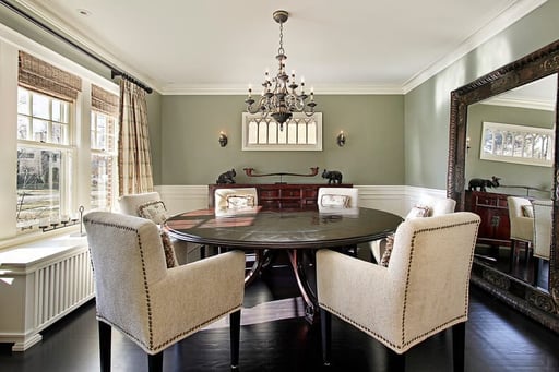 Transitional dining room with green walls