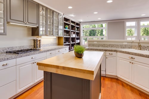 Kitchen with gray and white cabinets