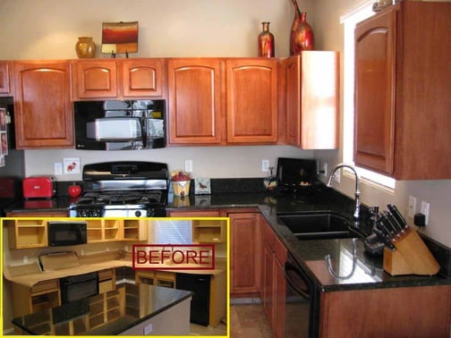 Before and after of kitchen cabinets painted to a warm brown