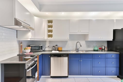 Kitchen with blue and white cabinets