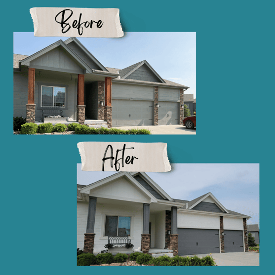 Before and after exterior painting a house from a sage green color to grey and white by Brush & Roll painting in Omaha, Nebraska.