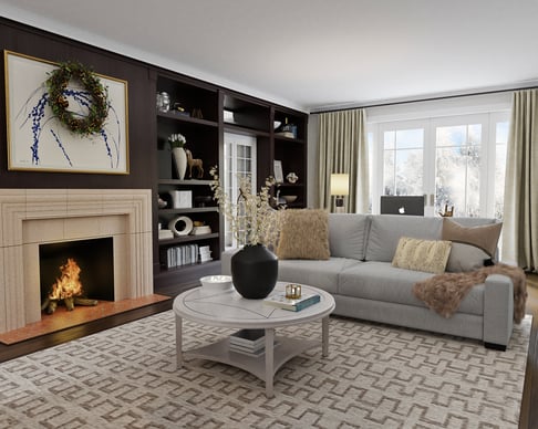 Living room with dark walls and a light beige stone fireplace.