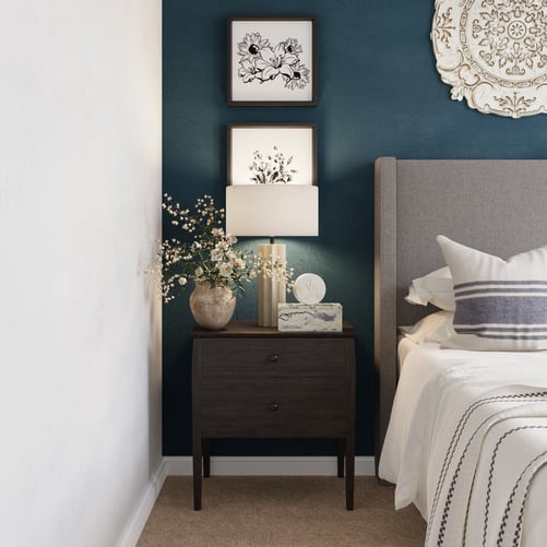 Transitional bedroom with blue walls