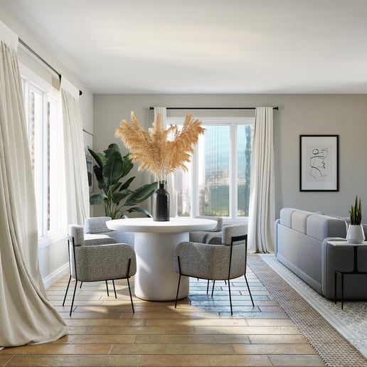 Dining room and living room with light colors, featuring grey walls and light curtains on windows.