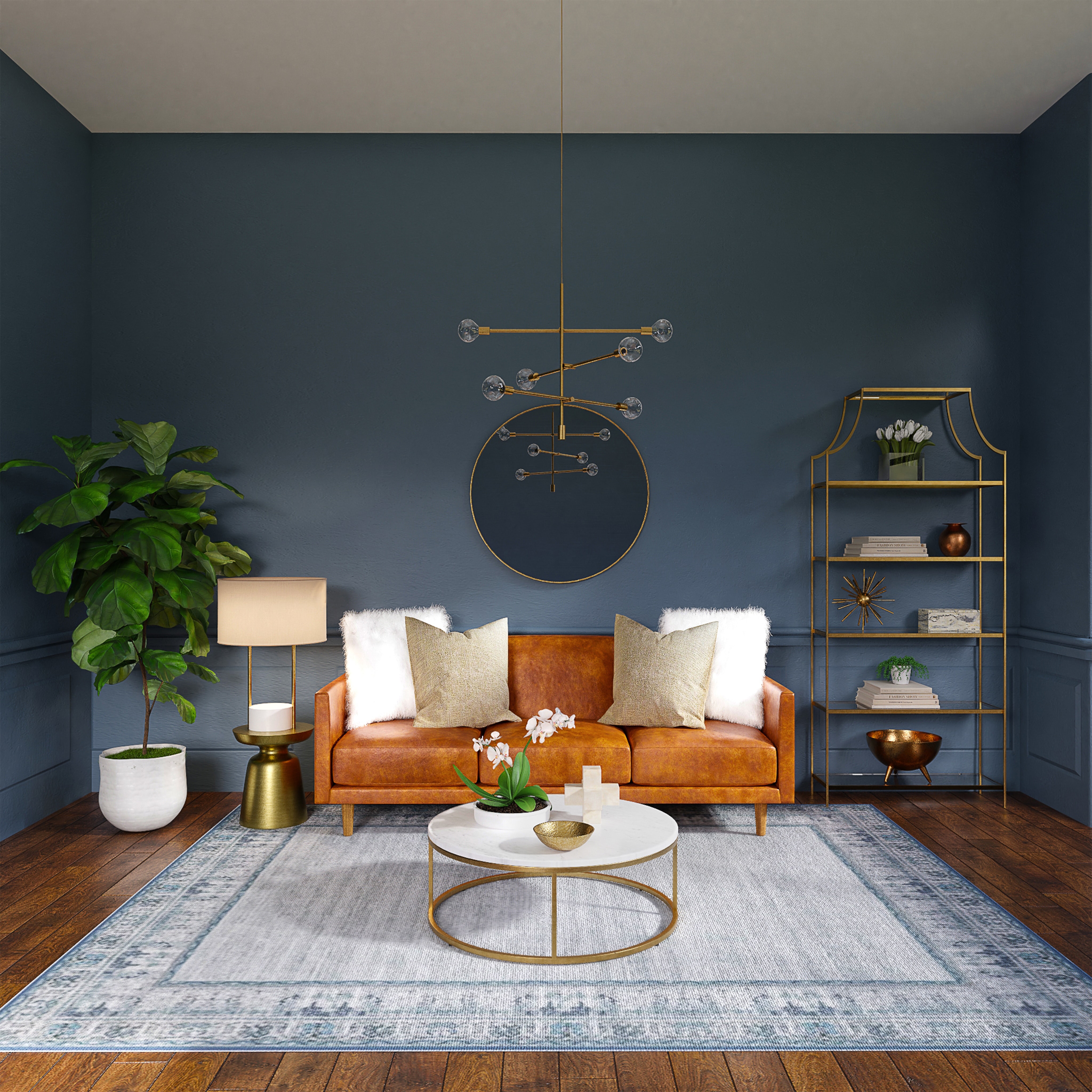 Living room with gray blue walls