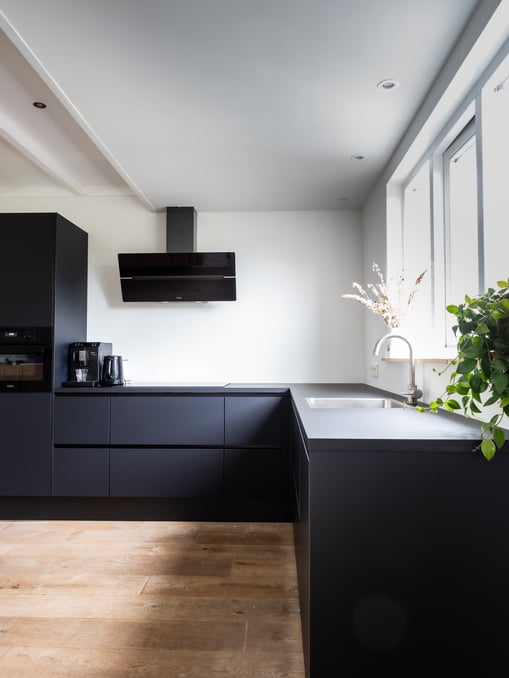 Kitchen with black lower cabinets and bright white walls.