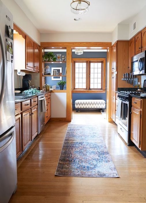 Oak trim with navy walls